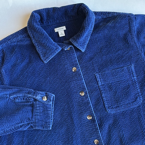LL Bean Royal Blue Wide Wale Corduroy Button Shirt Chore Jacket Womens Large - Picture 1 of 11